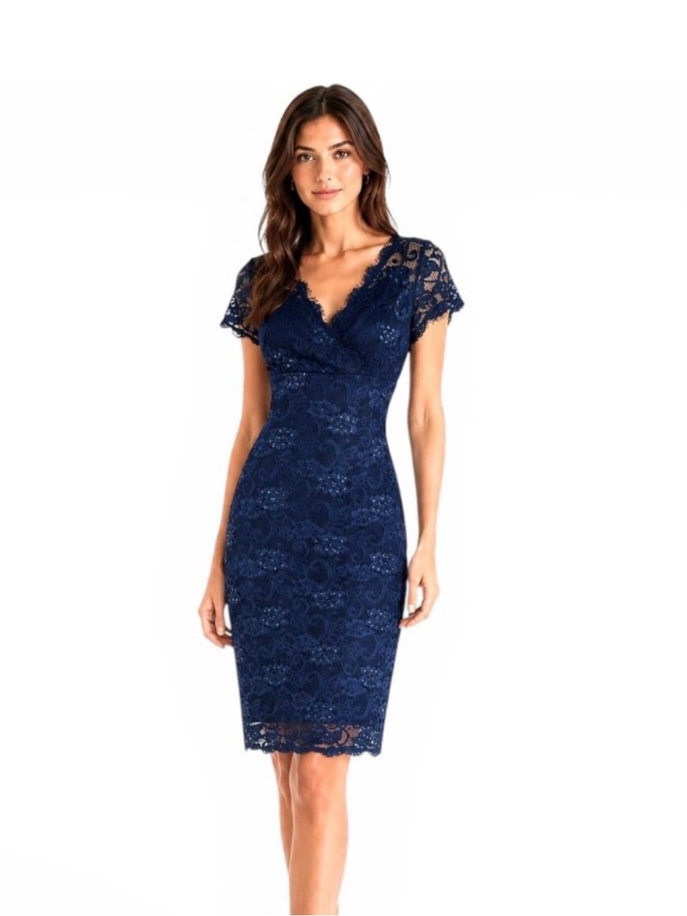 Marina Navy Blue Empire Waist Stretch Lace Sequin Beaded Cocktail Dress - size 8